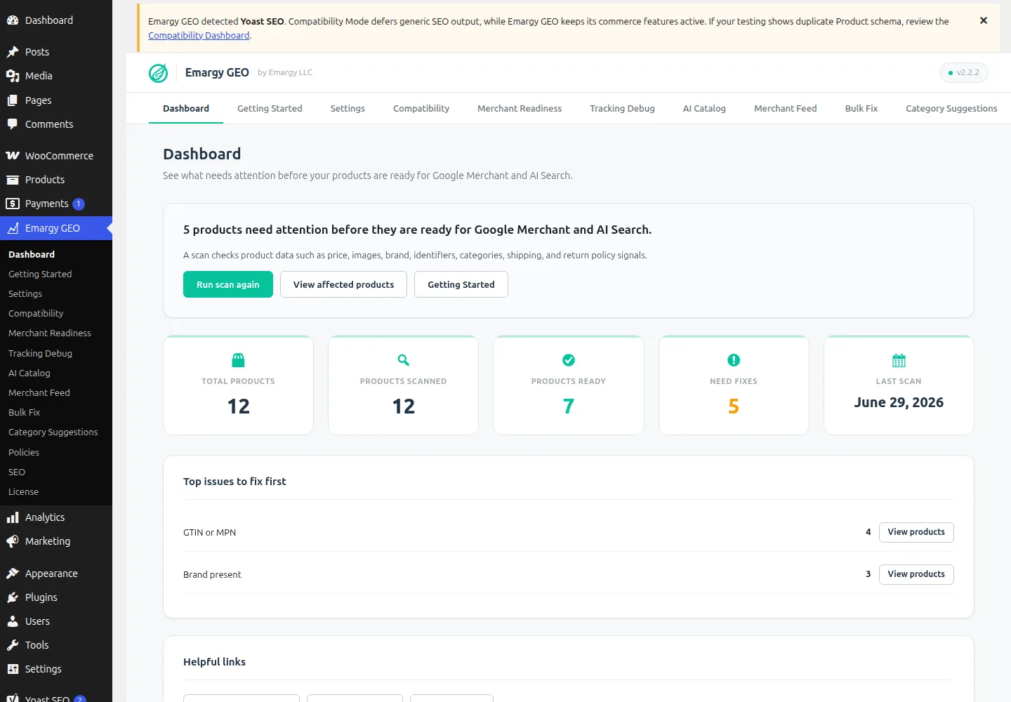 Emargy GEO dashboard showing 12 products scanned, seven ready, and five needing fixes