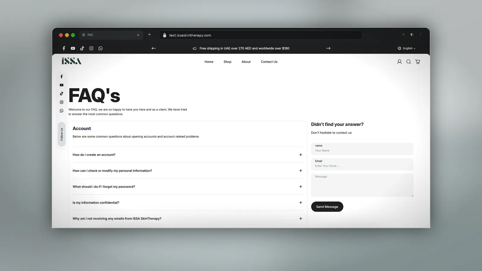 Dedicated FAQ page designed to answer customer questions clearly and improve trust throughout the shopping experience.