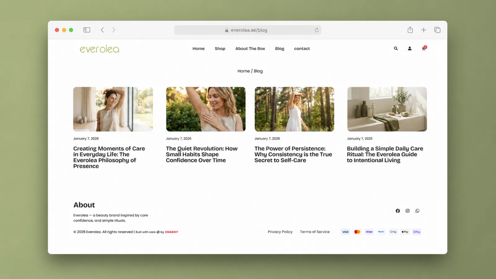 Editorial blog layout supporting educational skincare content and helping the brand build trust through informative articles and clean content presentation.