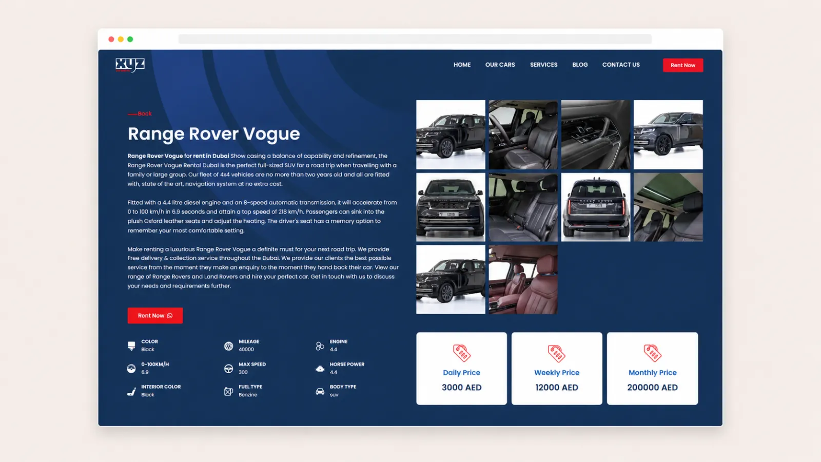 Vehicle detail page with gallery, specifications, and structured pricing for a featured rental car.