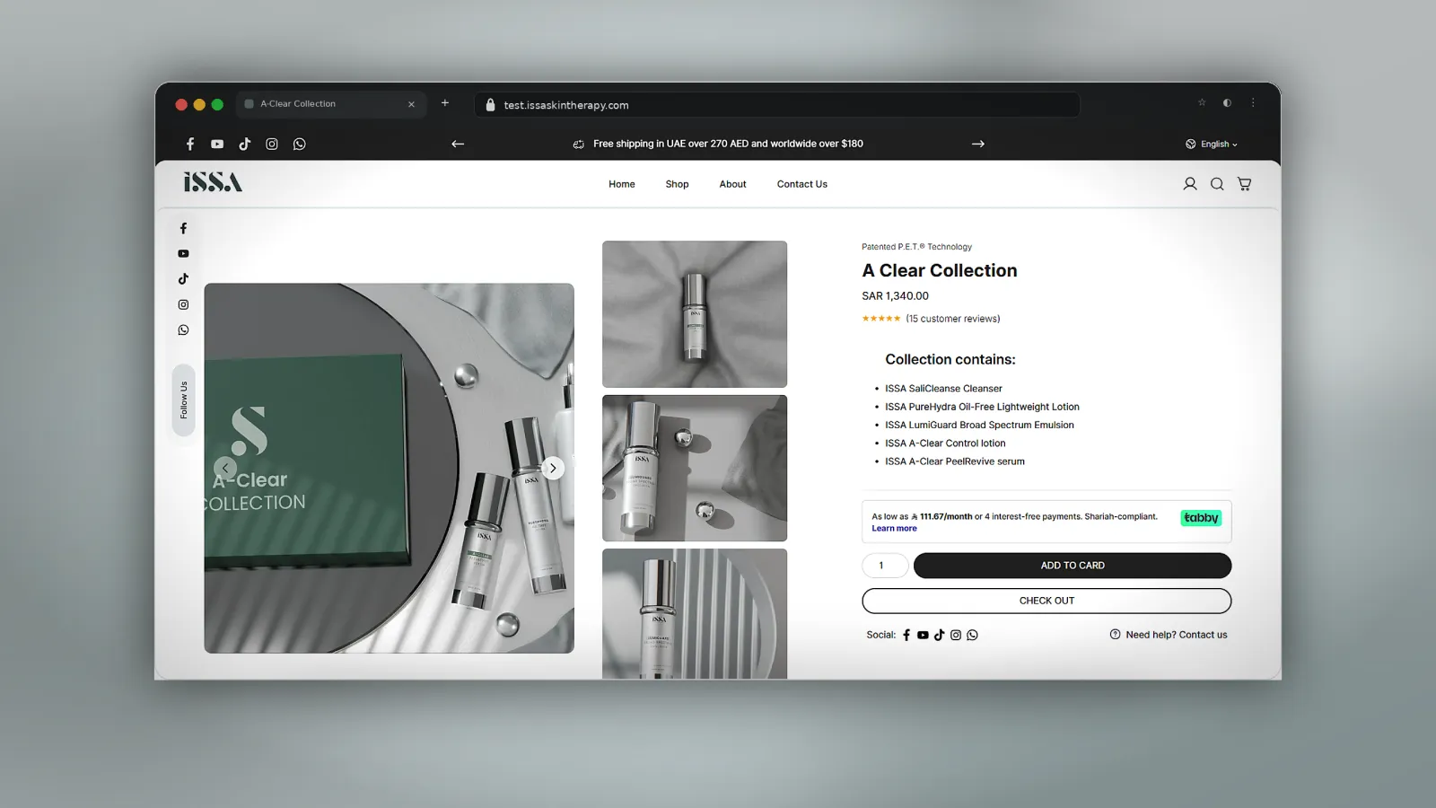 A fully custom product catalog displaying skincare collections, product categories, pricing, and multi-product browsing.