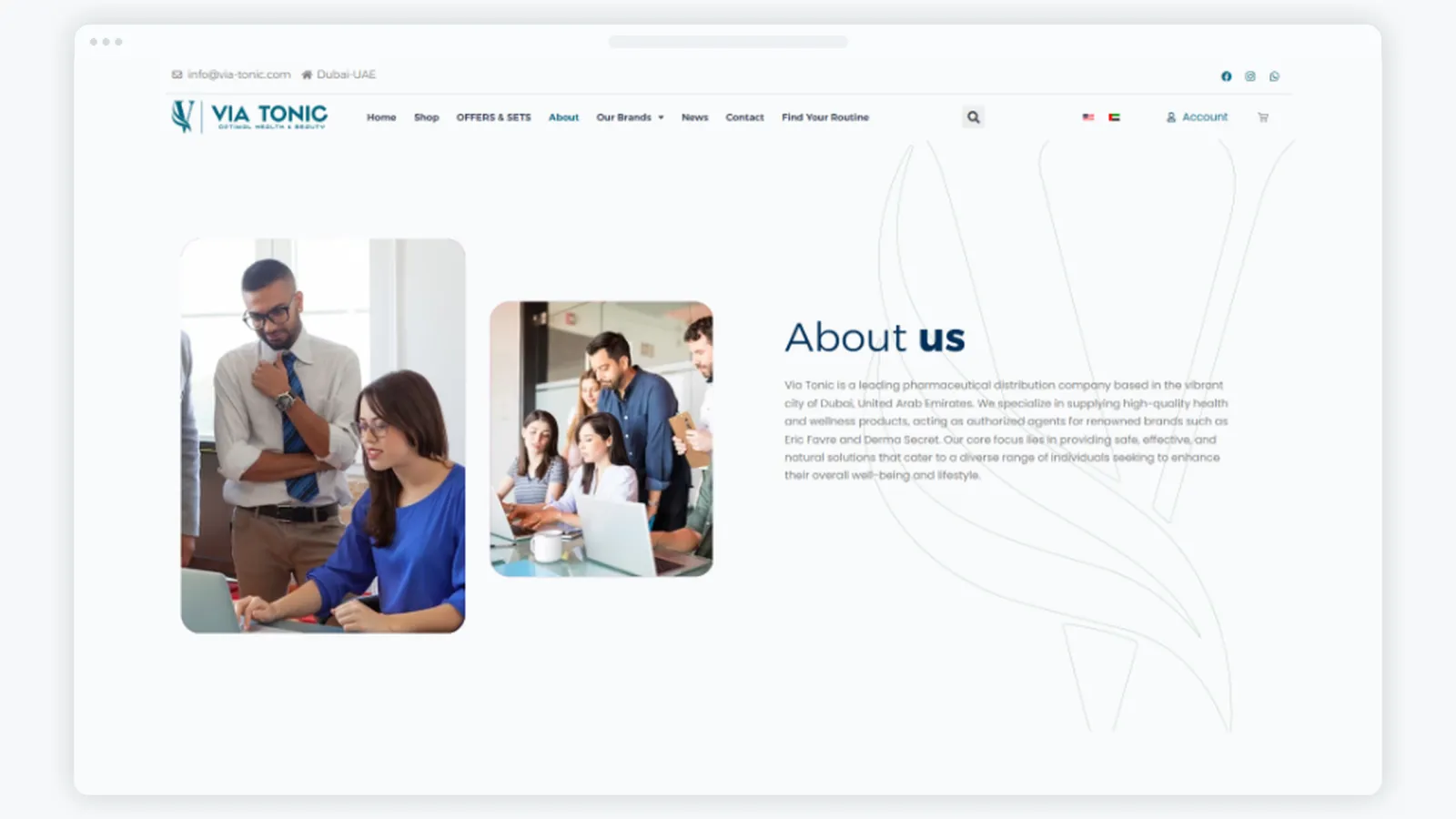 A company profile page presenting Via Tonic’s positioning, services, mission, and vision with a clean medical-beauty visual direction.