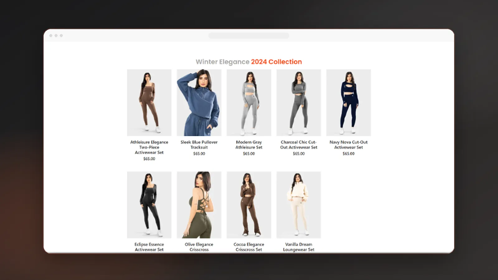 Seasonal product section designed to highlight activewear collections with clear pricing and product discovery.