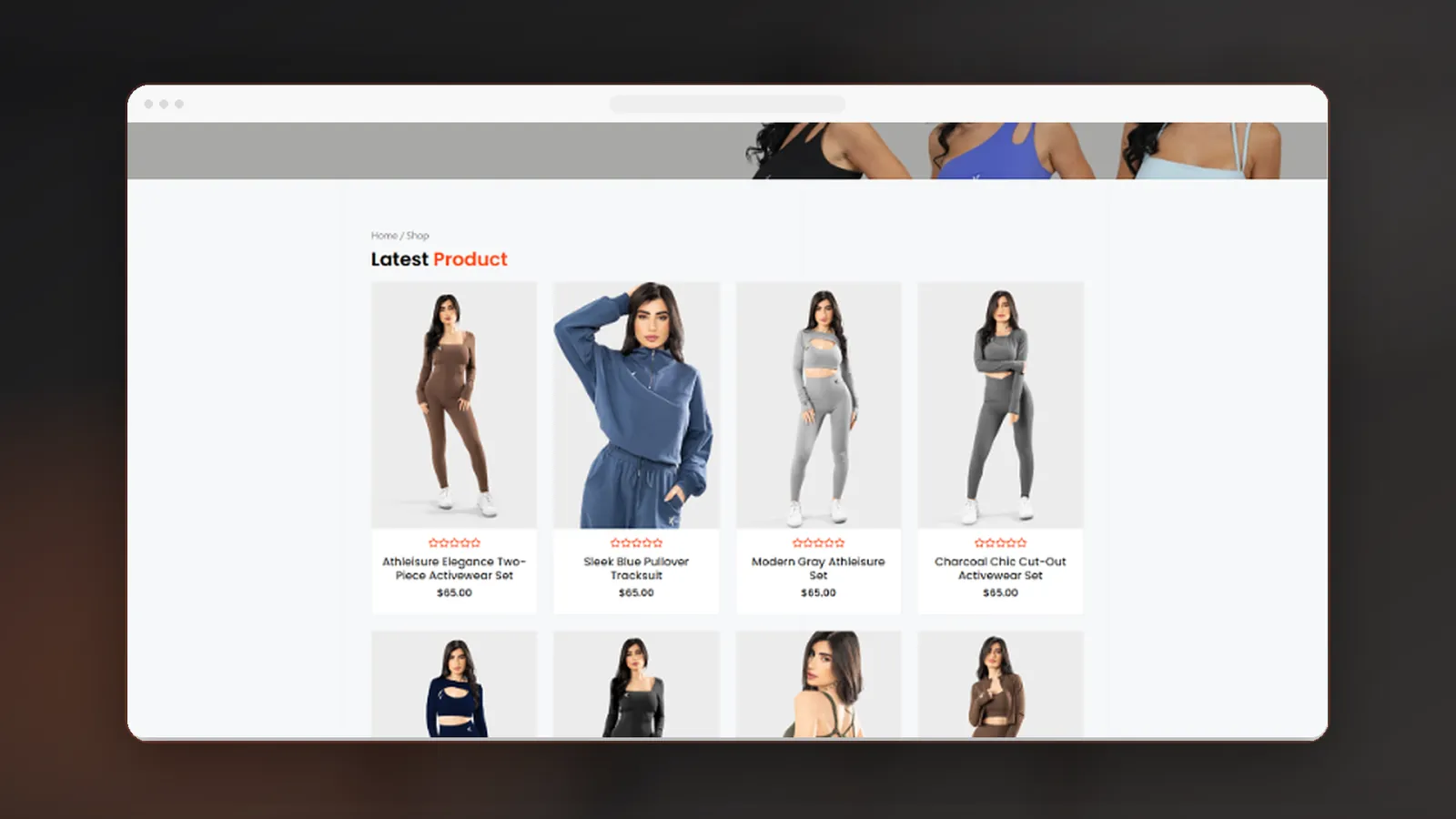 WooCommerce shop grid structured for product browsing, variants, ratings, and sale pricing.