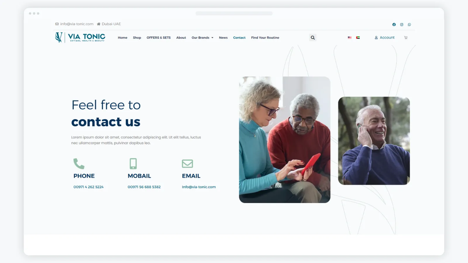 A responsive contact page with phone, mobile, email, working hours, address, and message form.