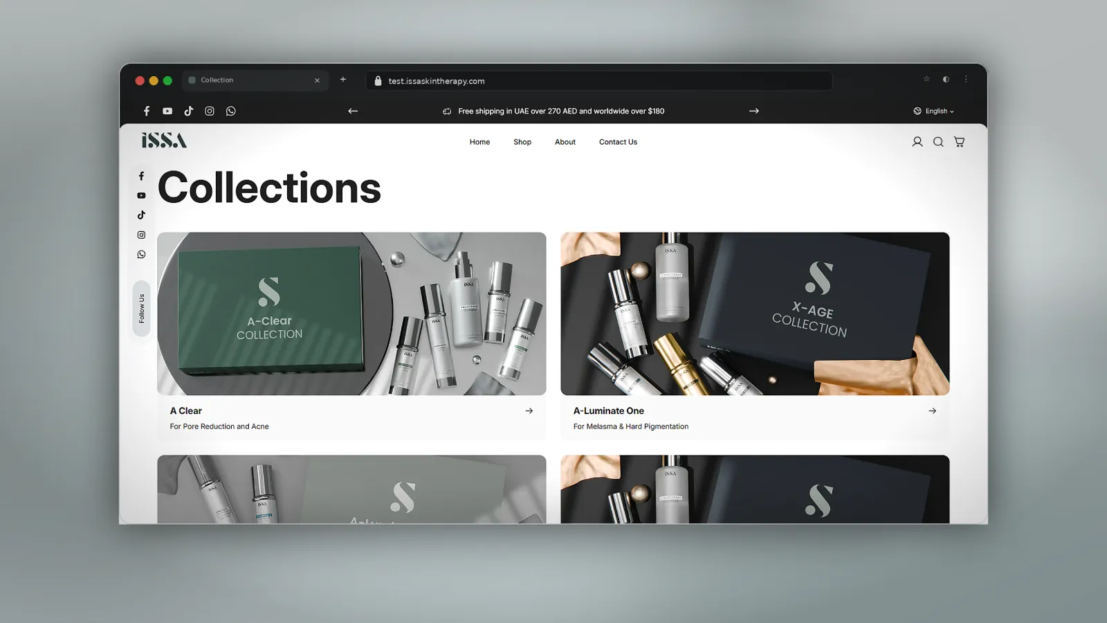 A fully custom product catalog displaying skincare collections, product categories, pricing, and multi-product browsing.