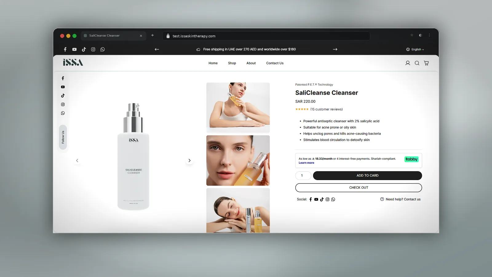 Detailed product page with product visuals, price, payment options, FAQs, usage details, and related products.