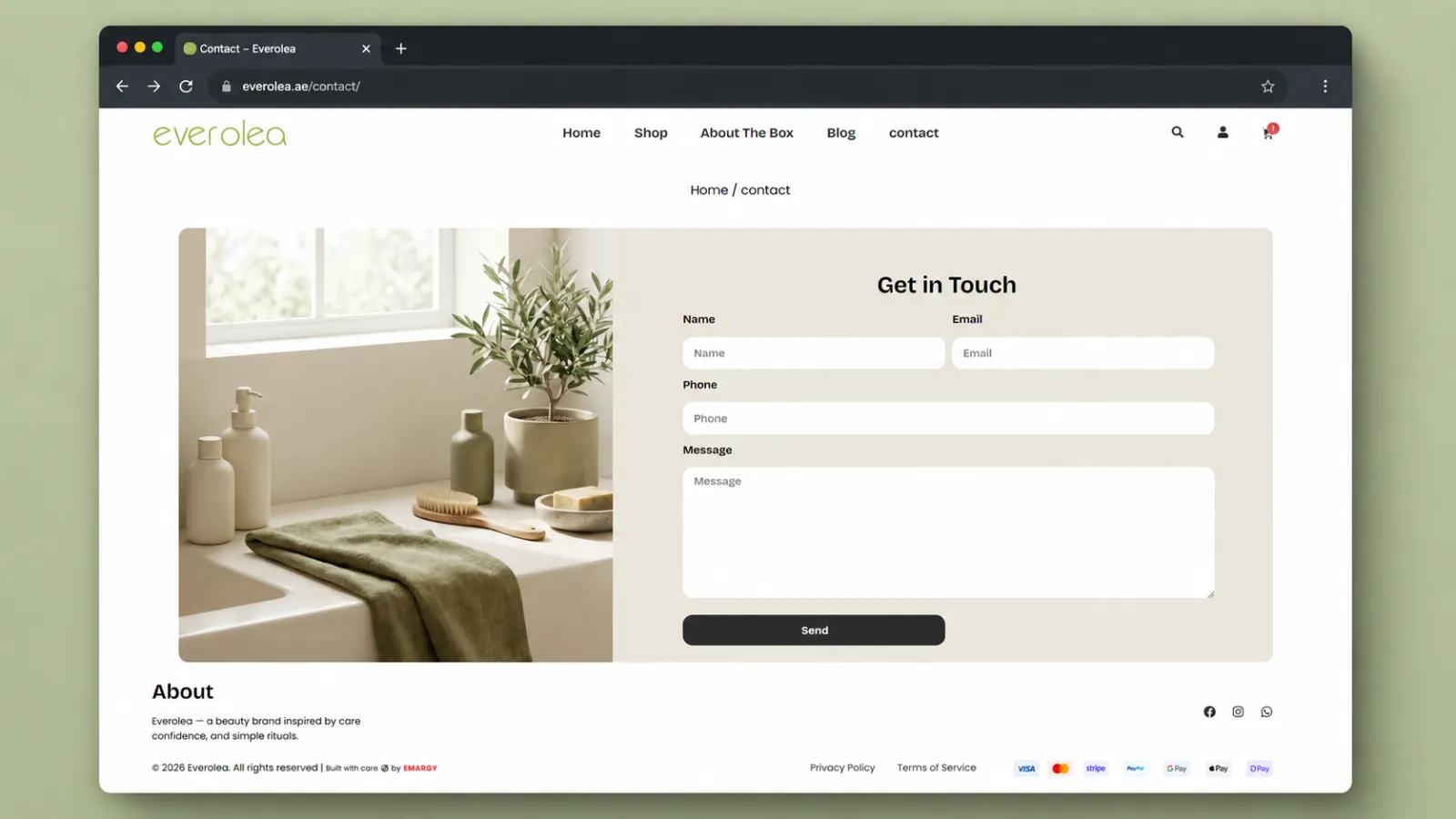 Contact page designed with a soft, approachable layout that supports direct customer communication while staying aligned with the brand aesthetic.