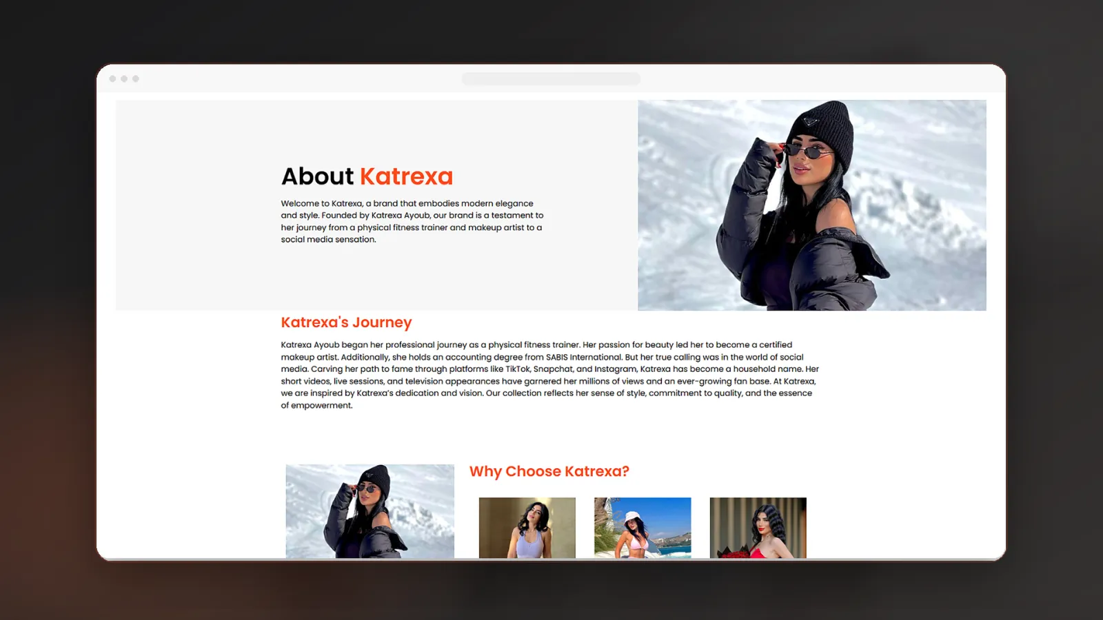 About page connecting the brand story with Katrexa Ayoub’s public personality and visual identity.
