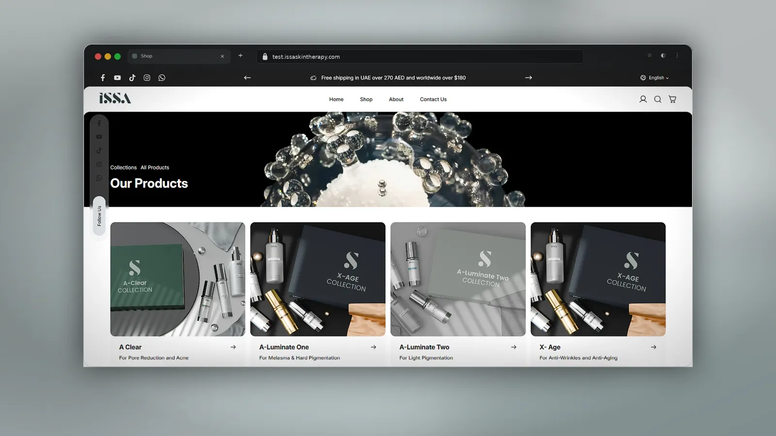 Custom shop page showcasing ISSA Skin Therapy collections and products in a clean, premium ecommerce layout.