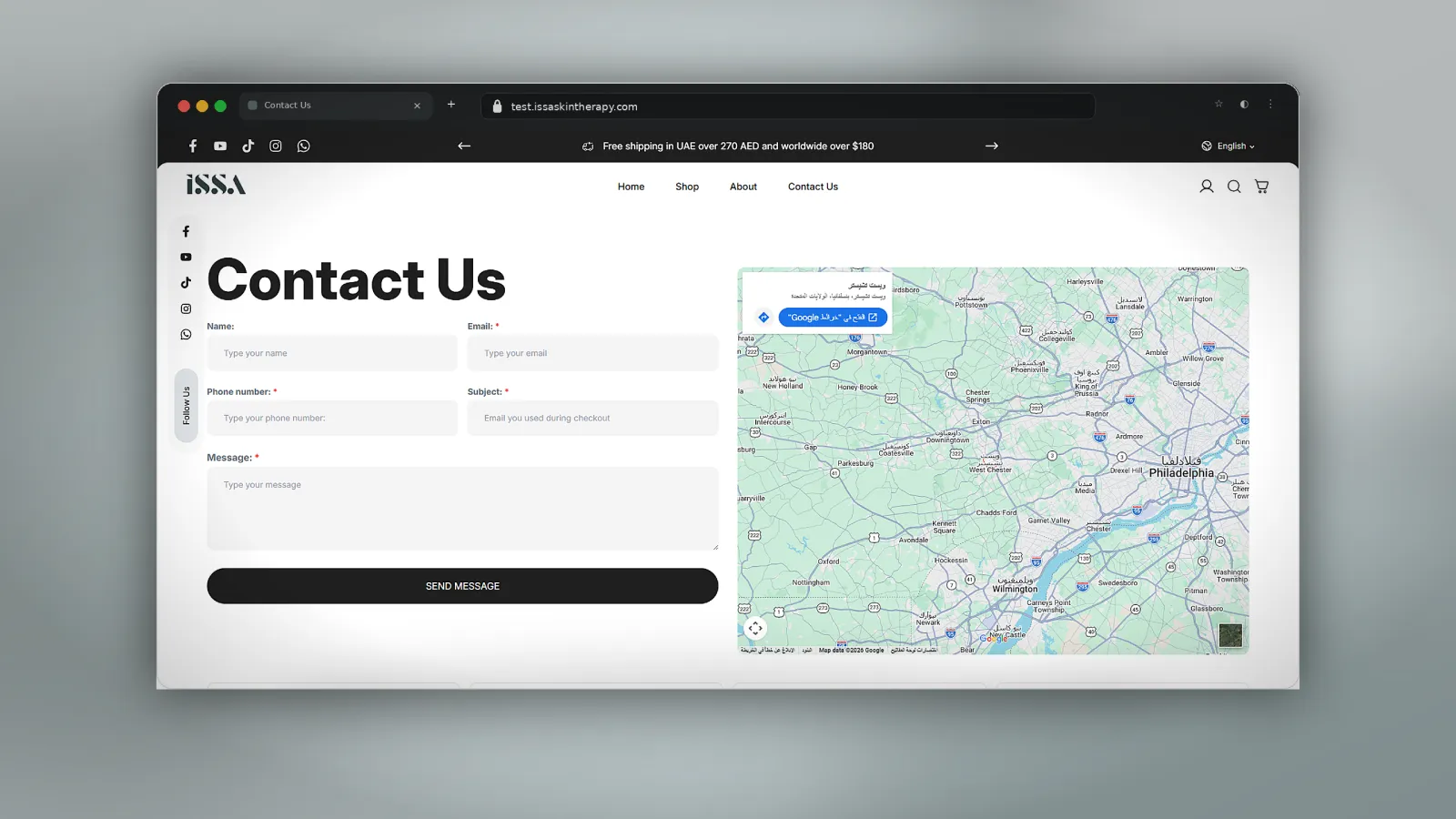 Responsive contact page with inquiry form, map integration, support details, WhatsApp, email, and social channels.