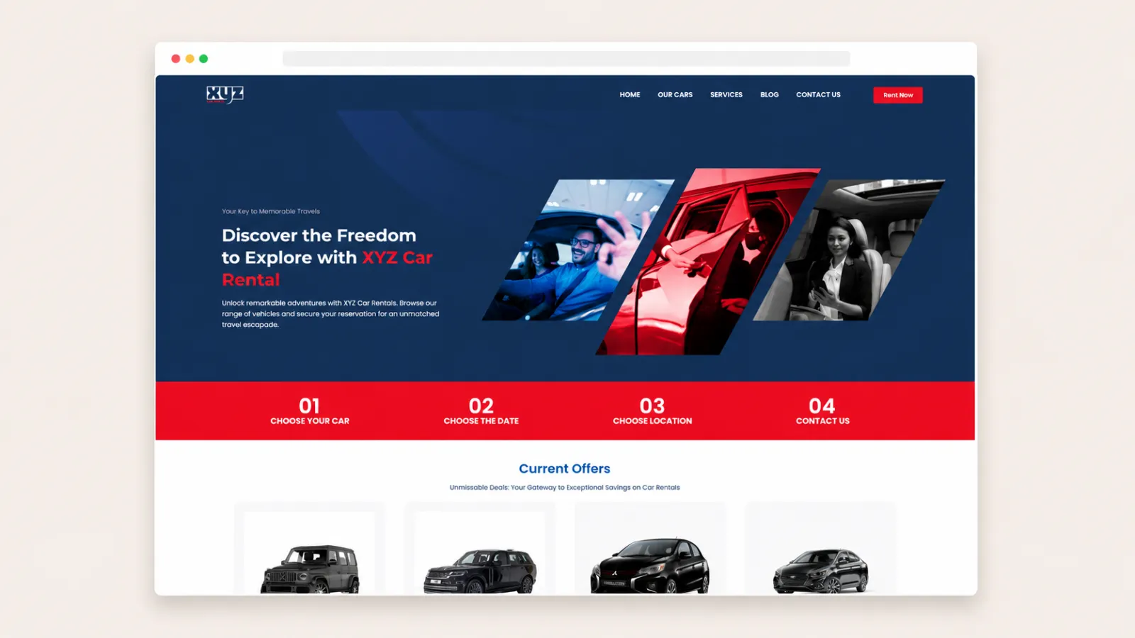 Homepage design featuring the hero section, featured offers, and a clear car rental journey.
