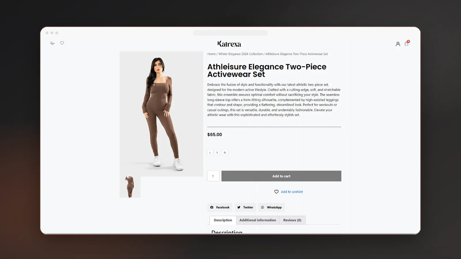 Product detail page with gallery, variants, wishlist, cart flow, social sharing, and related products.