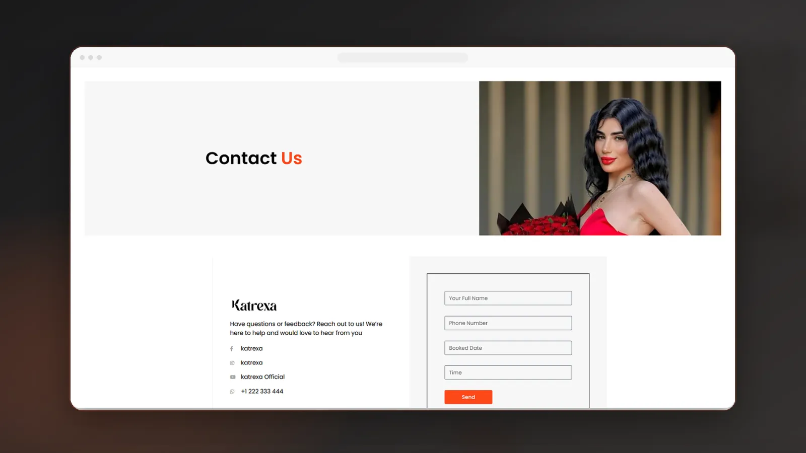 Contact page with lead capture form, social touchpoints, and direct customer communication.