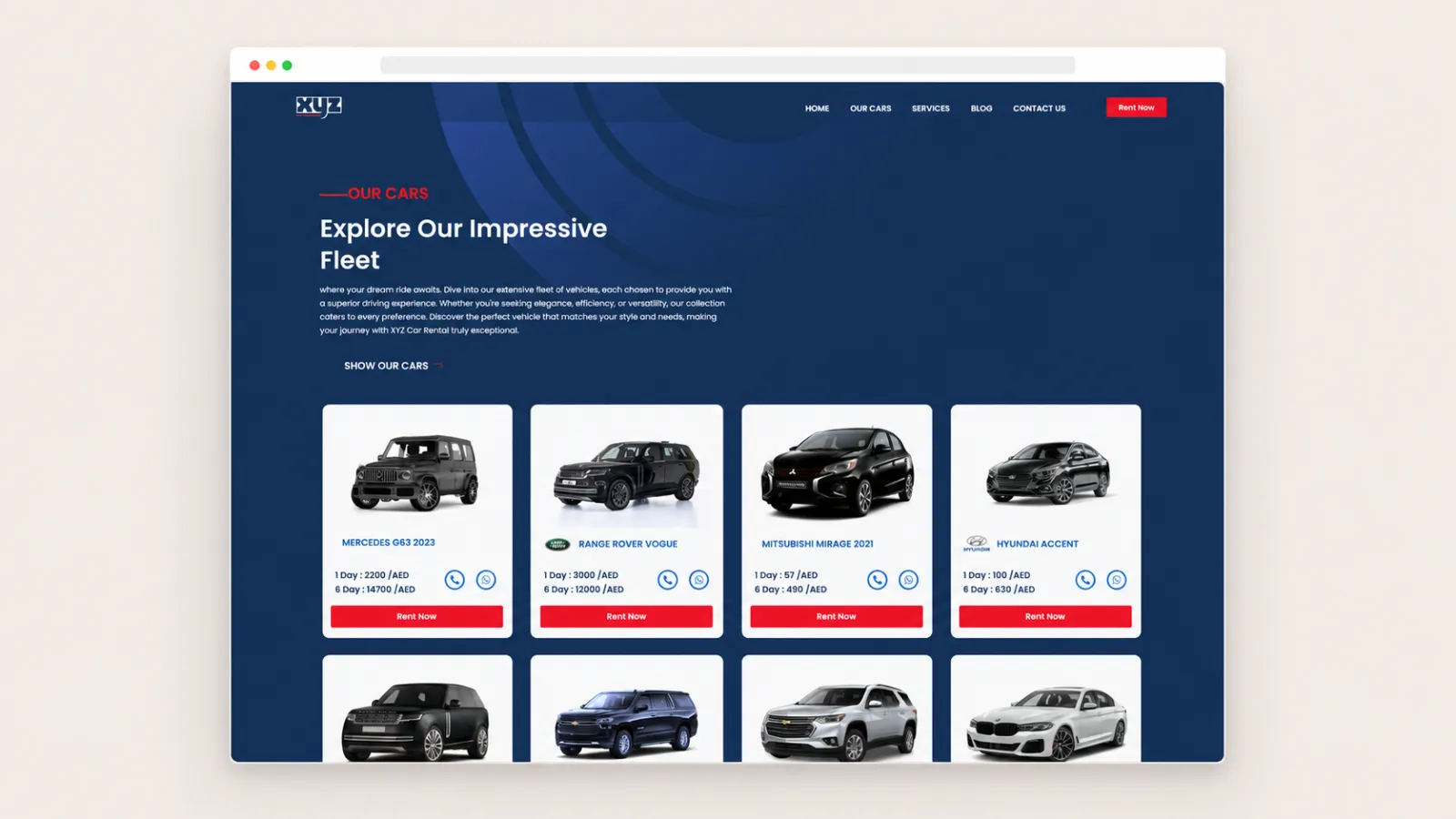 Fleet listing page showcasing available vehicles with pricing and direct inquiry actions.