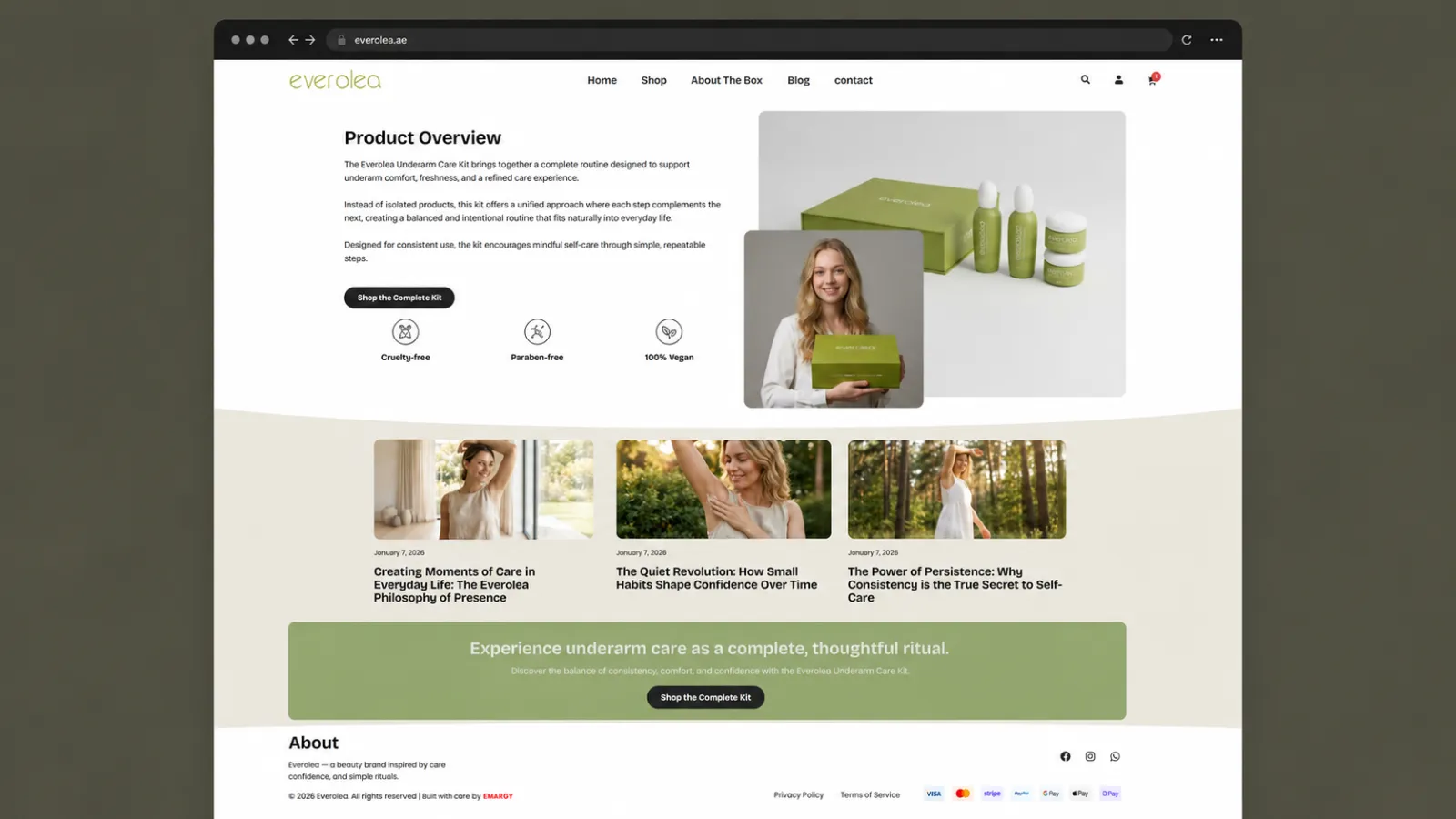 Structured product overview section presenting the underarm care kit, key benefits, and supporting visuals in a calm, premium layout.