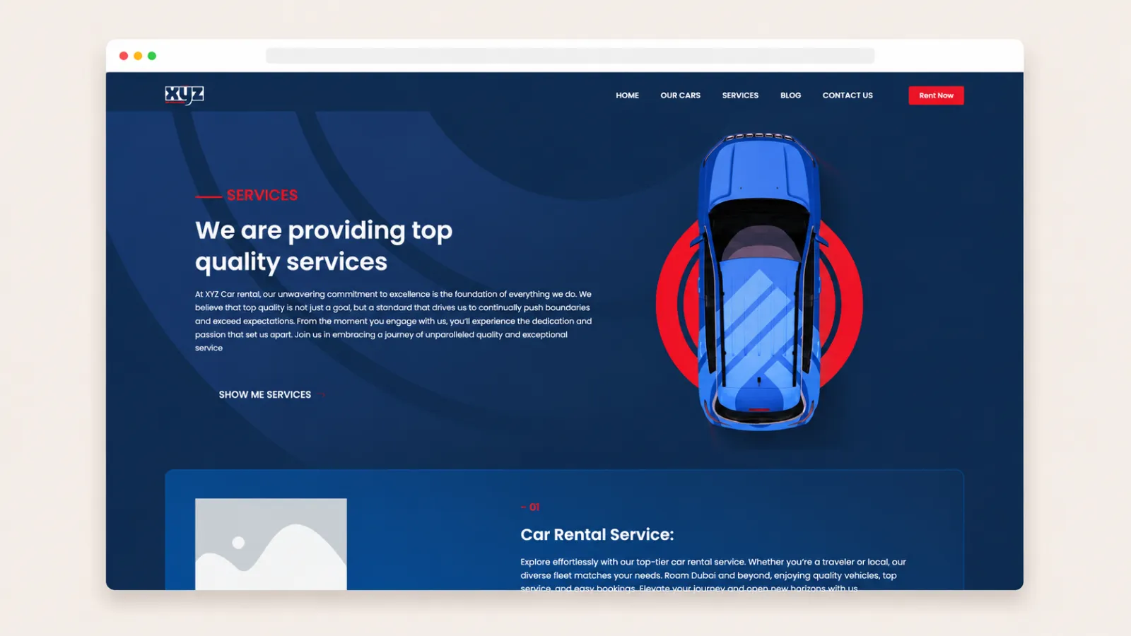 Services page presenting the company’s core rental and travel-related offerings.