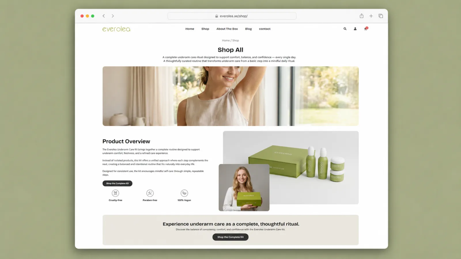 Custom WooCommerce product page designed to highlight the Everolea Underarm Care Kit with clear product details, collection breakdown, and purchase flow.