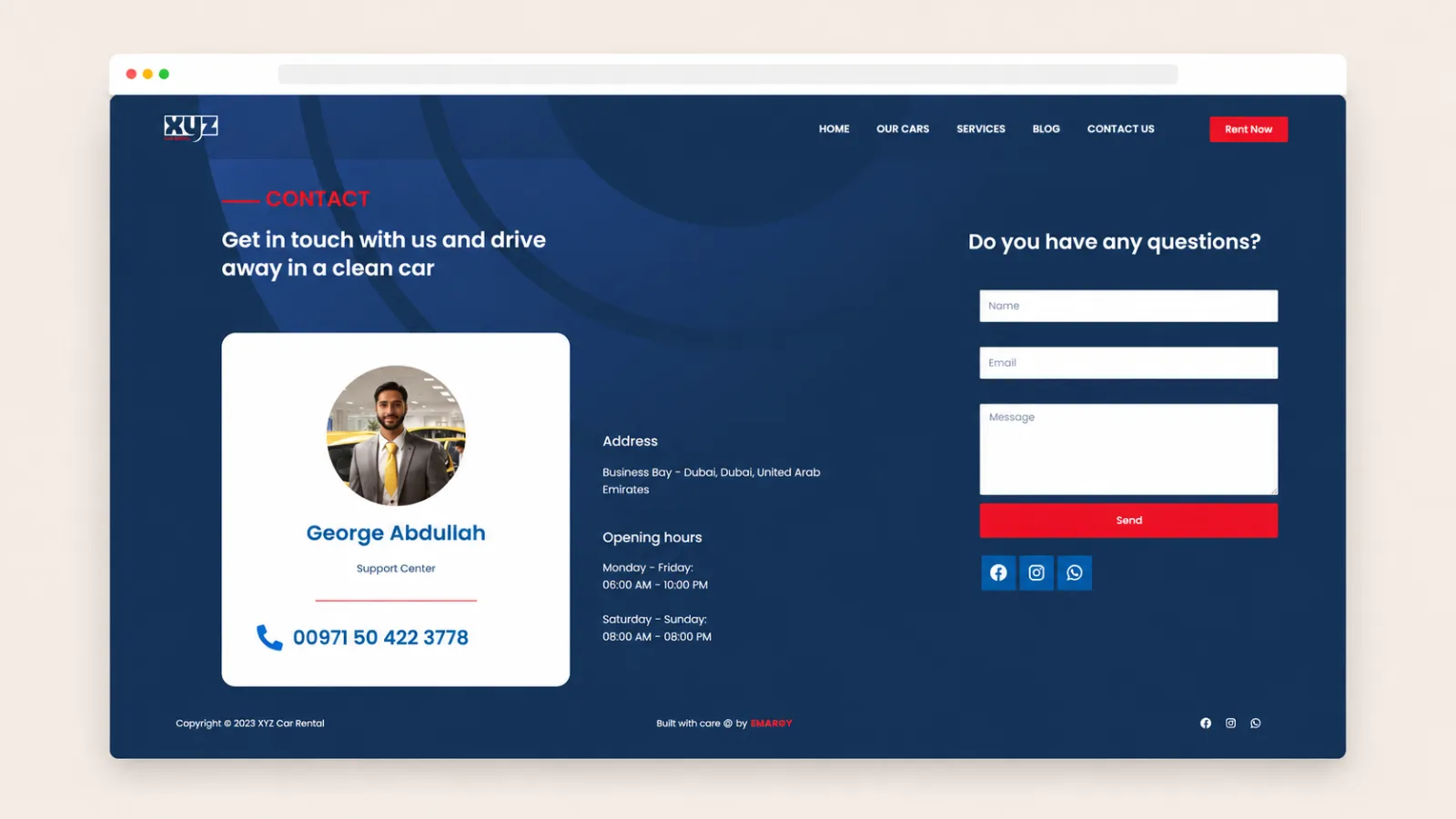 Contact page with direct inquiry form, support details, business hours, and call-to-action elements.