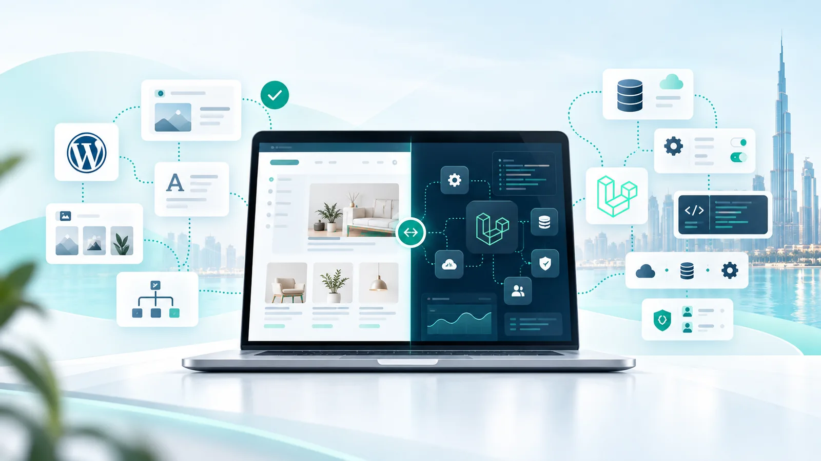 WordPress content management compared with custom Laravel application architecture and workflows