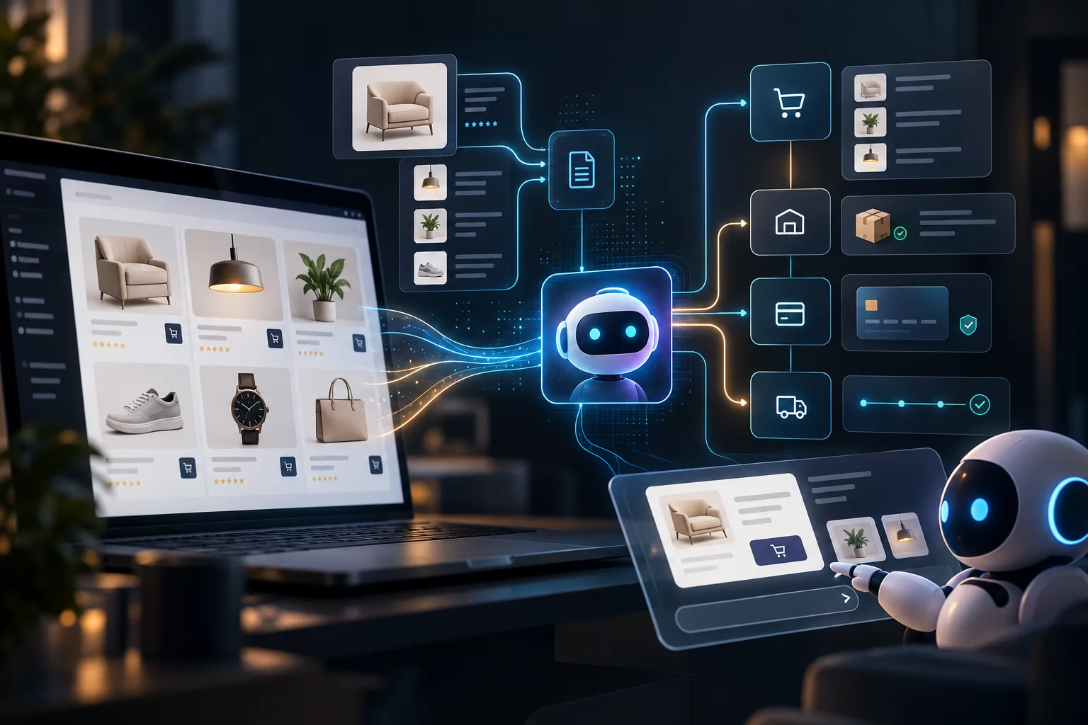 Agentic commerce for WooCommerce showing AI shopping assistants connecting products, carts, payments, shipping, and store operations